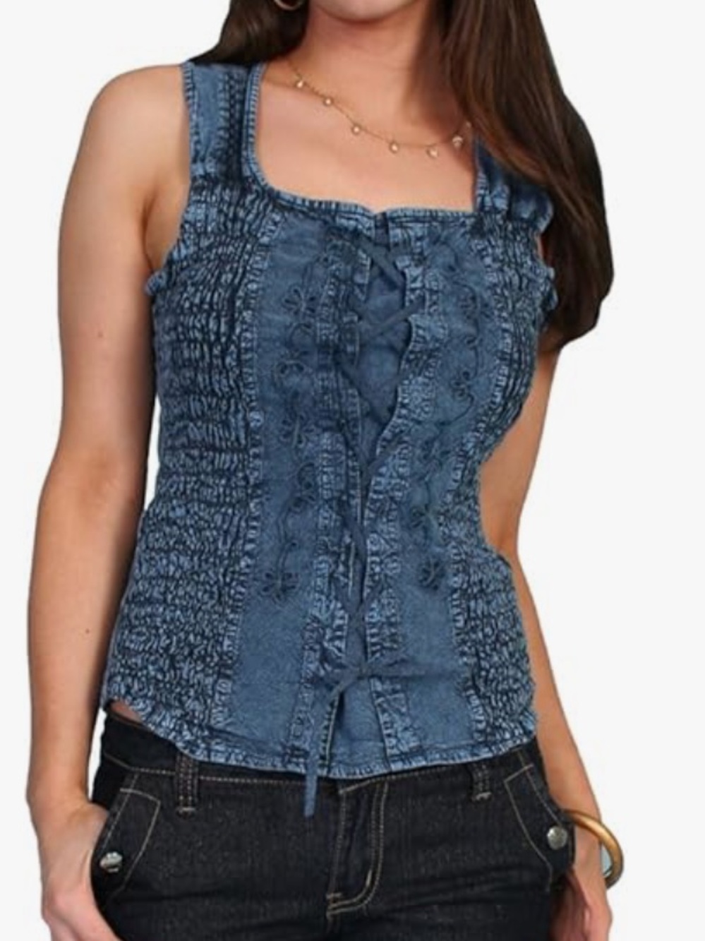 Scully Western Boho Cantina Lace-Up Smocked Sleeveless Blouse Tank Size S